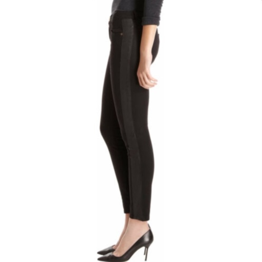 Current/Elliott Lambskin Leather Striped Cropped Matte Black High Waist Jeans